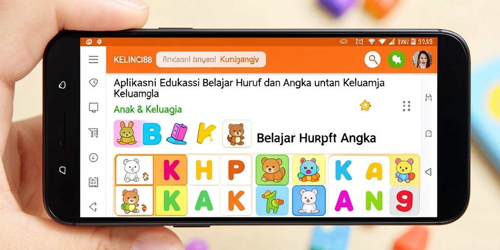 Antarmuka aplikasi KELINCI88 yang menyenangkan untuk belajar huruf dan angka.